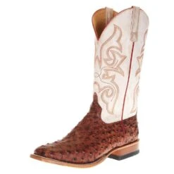 Horsepower Men's Cognac Impostrich 13in. Bleached Bone Top Square Toe Boot